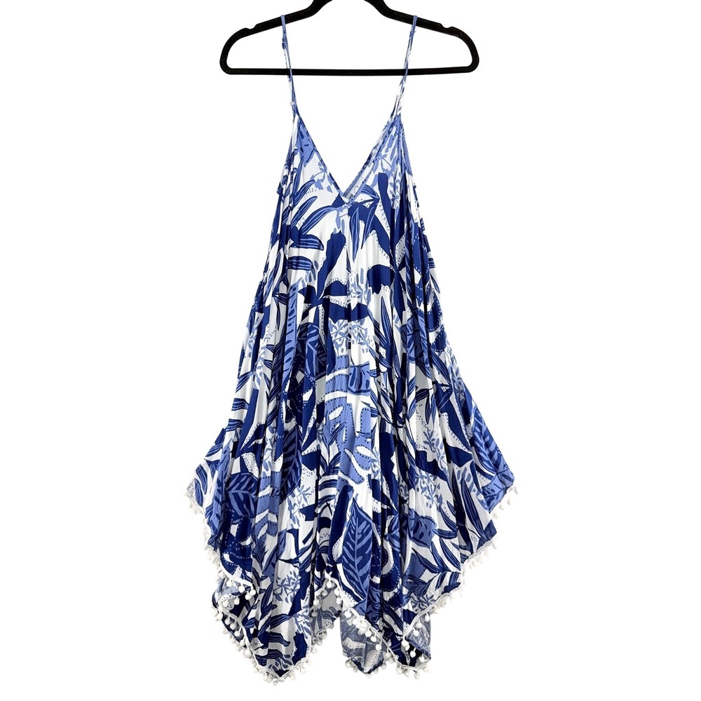 Goa Beachwear Womens Blue Tropical Handkerchief Hem Dress M Pom Pom Boho Resort